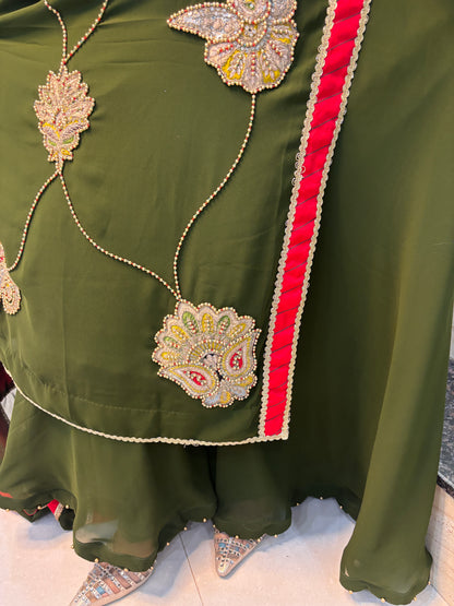 Georgette Cut Work Palazzo Suit With Red Stripes Dupatta (PS)