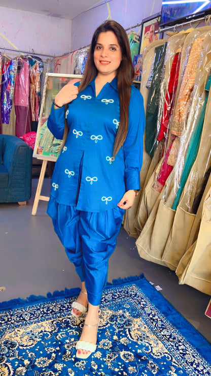 Blue Jam Cotton Trendy Bow Design Pearl Work Short Kurti And Dhoti Set (DS002)