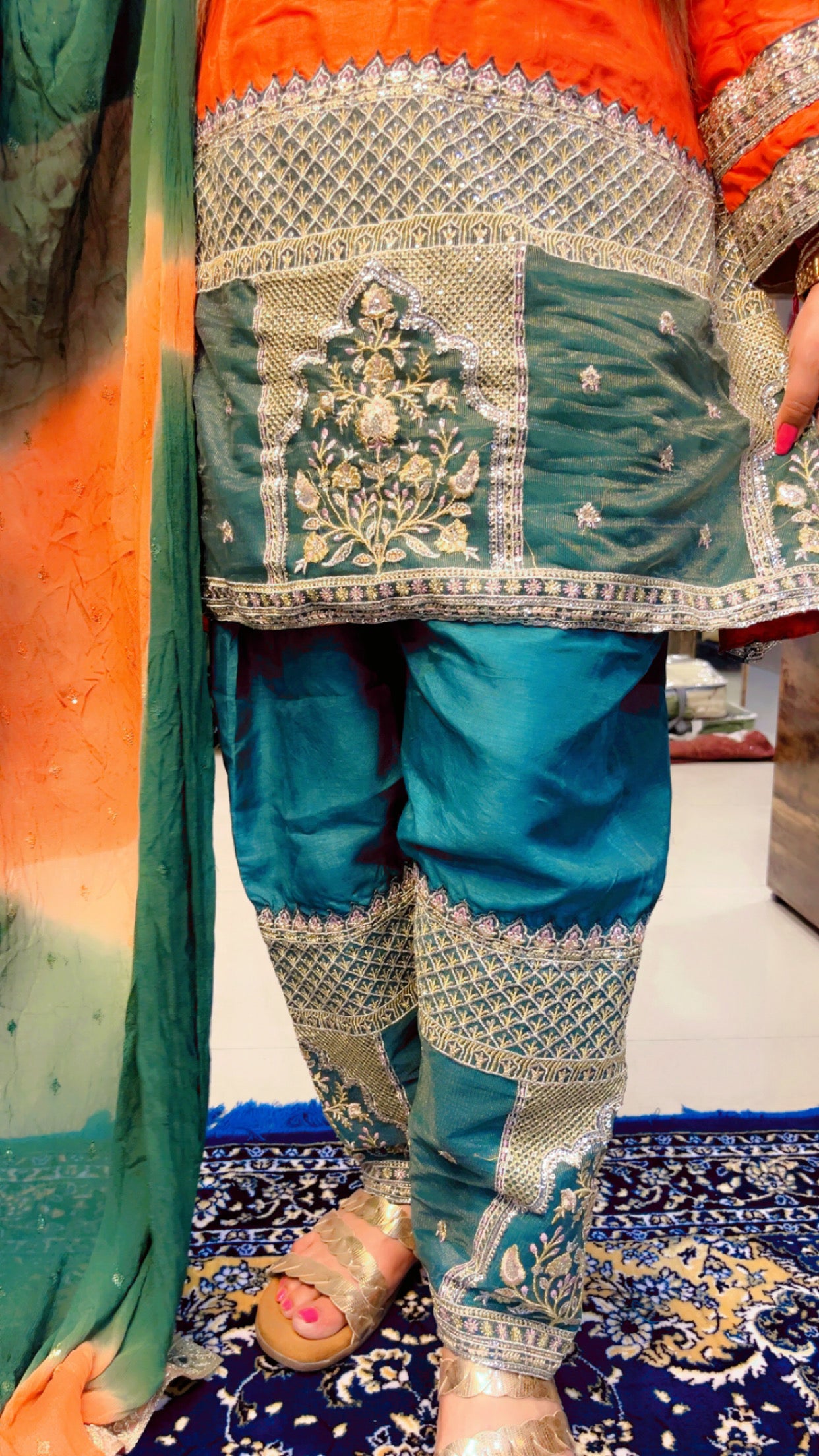 Orange And Green Designer Partywear Suit (SS001)