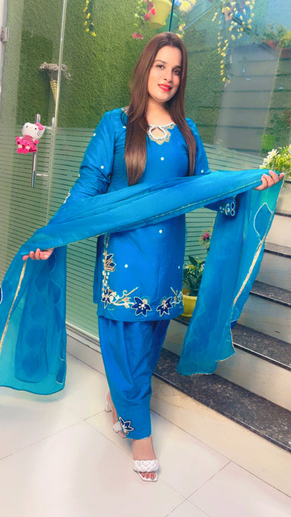 Blue Embroidered Farshi Salwar Suit And Dupatta Set (KSD046)
