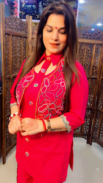 Hot Pink Linen Fabric Solid Print Festive Look Short Kurti And Over Lapped Palazzo With Embroidered Jacket (JS001)