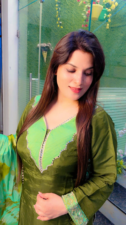 Green Silk Embroidered Salwar Suit With Dupatta (SS)