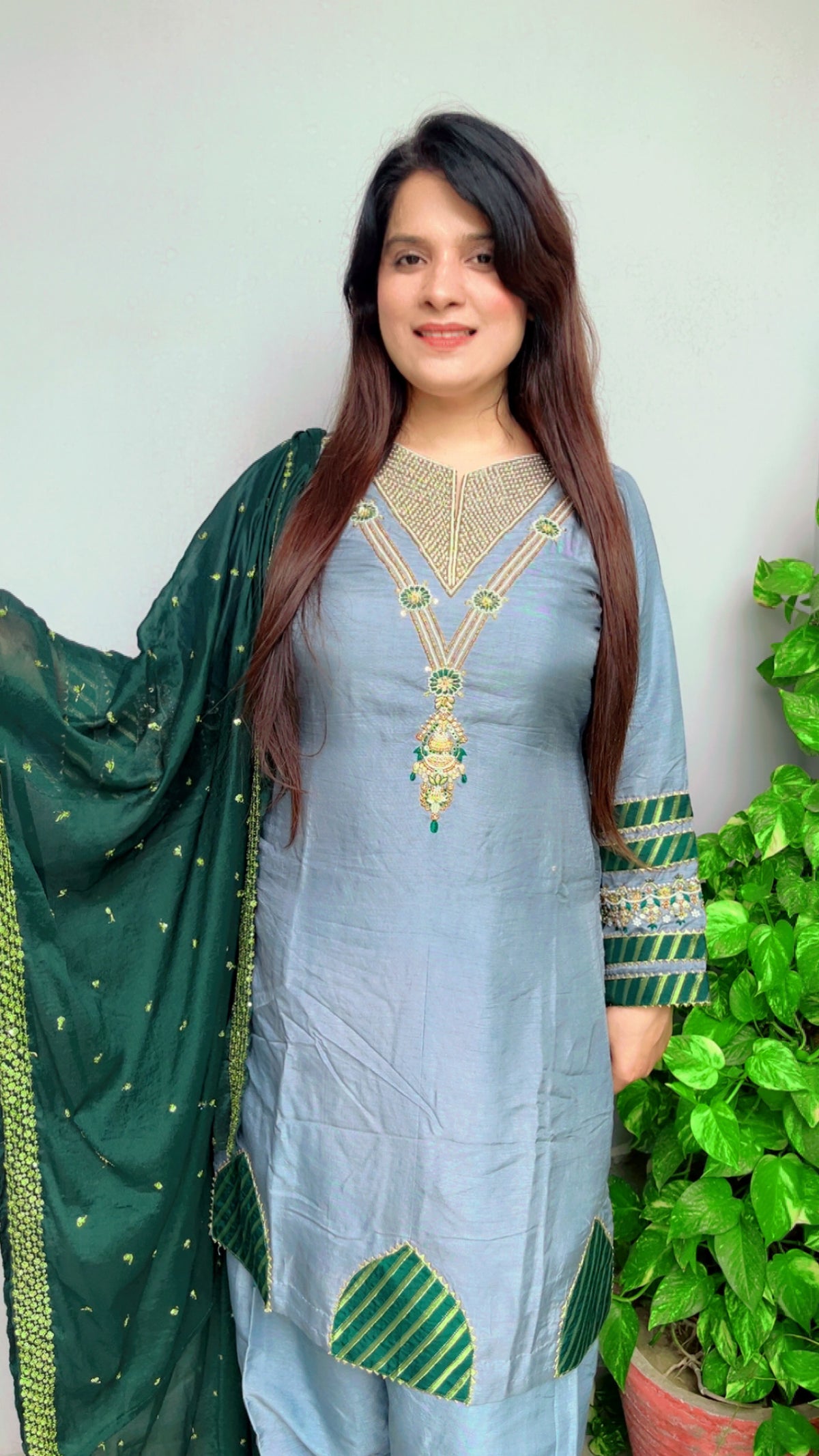 Grey Designer Farshi Salwar Suit And Dupatta