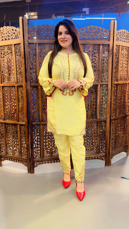 Yellow Silk Pant Suit With Chinon Dupatta For Haldi Function