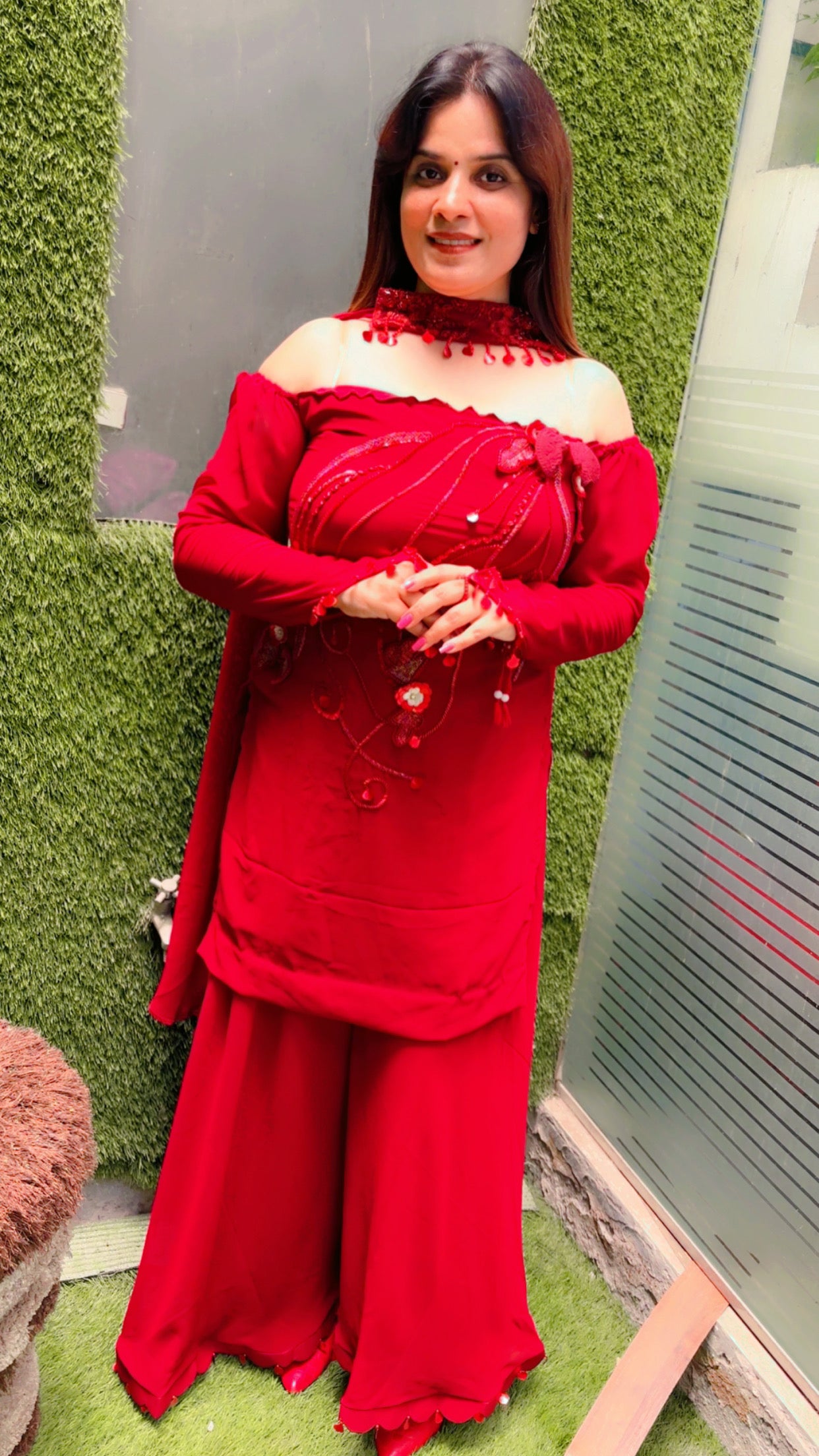 Maroon Embroidered Bridal Trousseau Palazzo Suit