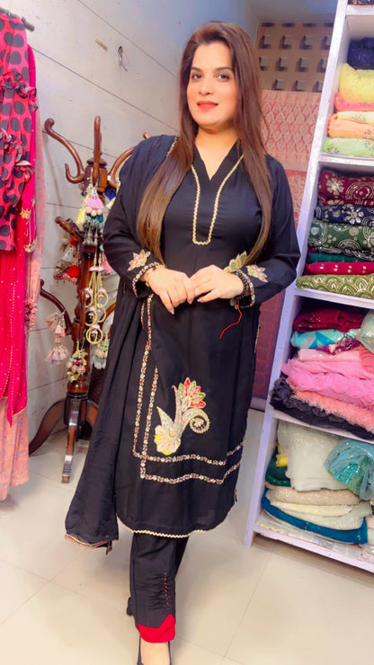Designer Black Embroidered Cotton Pant Suit With Chiffon Dupatta (PS002)