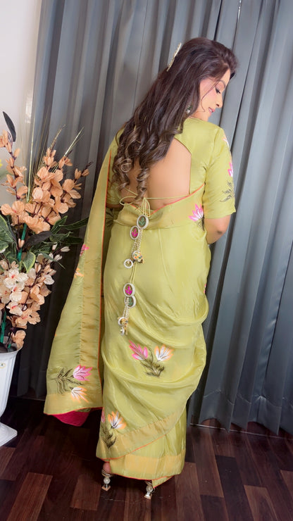 Parrot Hand Painted Saree - Shimmer Silk Saree (SR002)