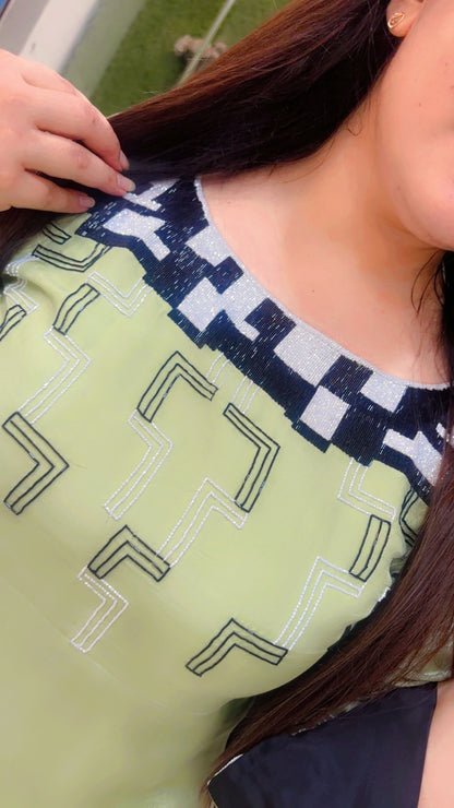 Green Hand Worked Kurti Set With Black Bell Bottom (KS075)
