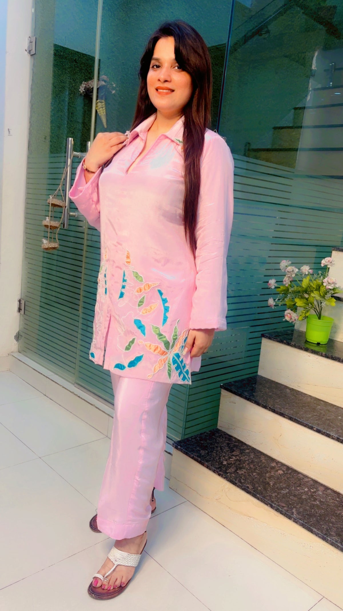 Pink Patch Work Co-Ord Set in Crepe
