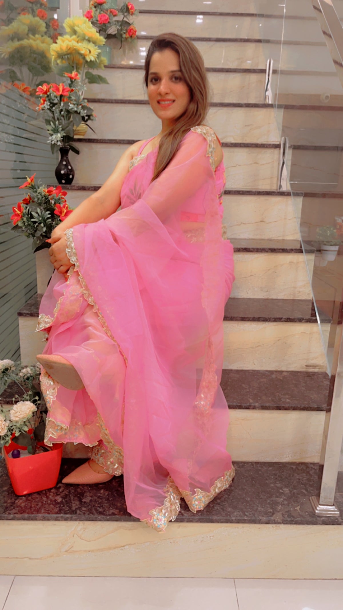 Light Pink Laceworked Saree For Summers (SR022)