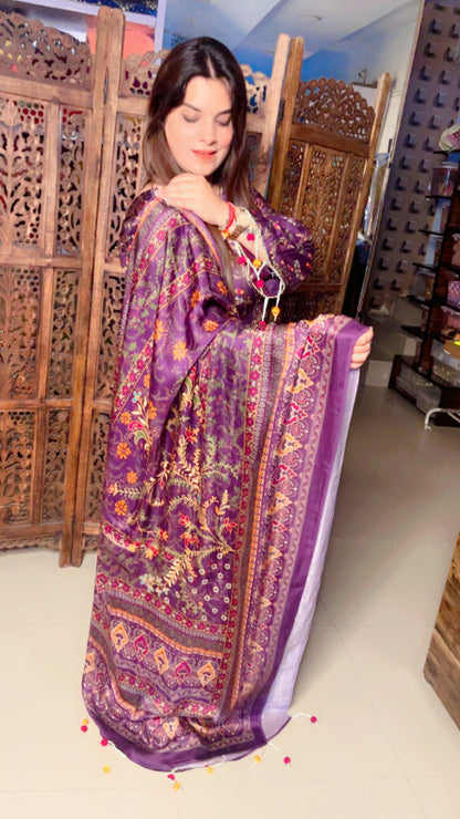 Purple Pure Satin Designer Lace Work And Tassel Detail Suit And Pant With Dupatta (PS)