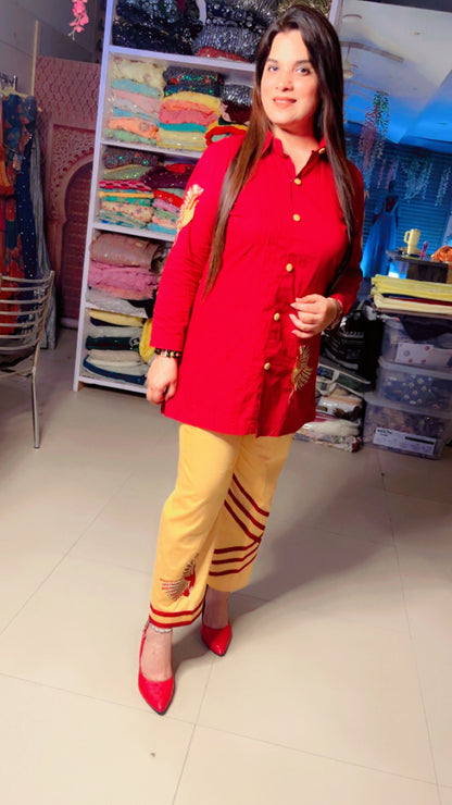 Red Yellow Cotton Embroidered Summer Co-Ord Set For Women (CS)