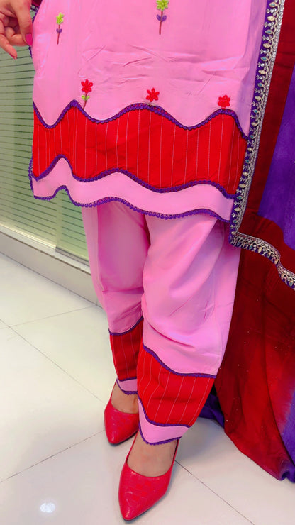 Pink Thread Worked Suit With Salwar And Tie-Dye Dupatta Set (KSD027)