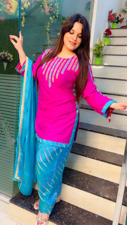 Hot Pink And Turquoise Blue Farshi Salwar Suit with Dupatta