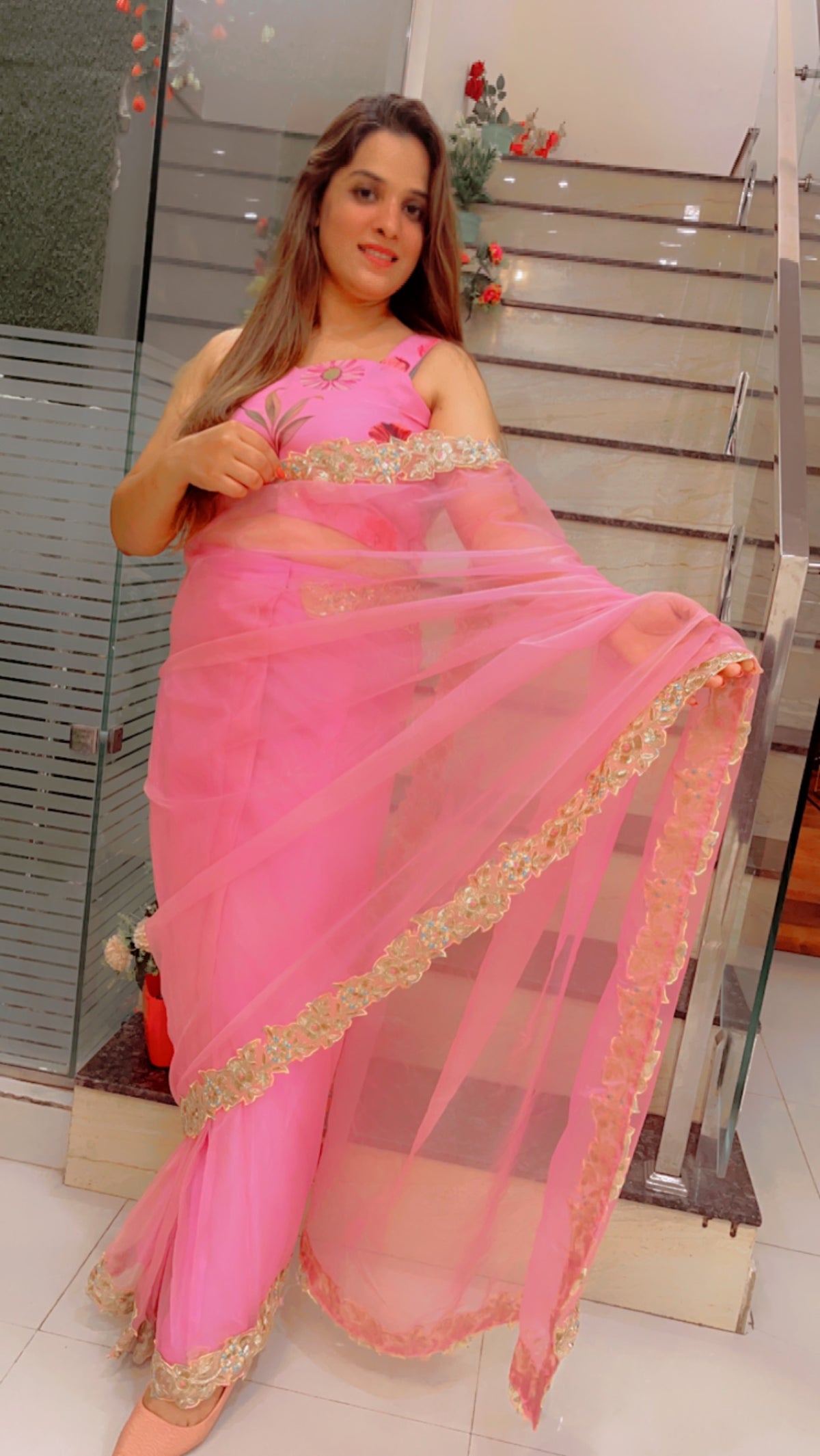 Light Pink Laceworked Saree For Summers (SR022)