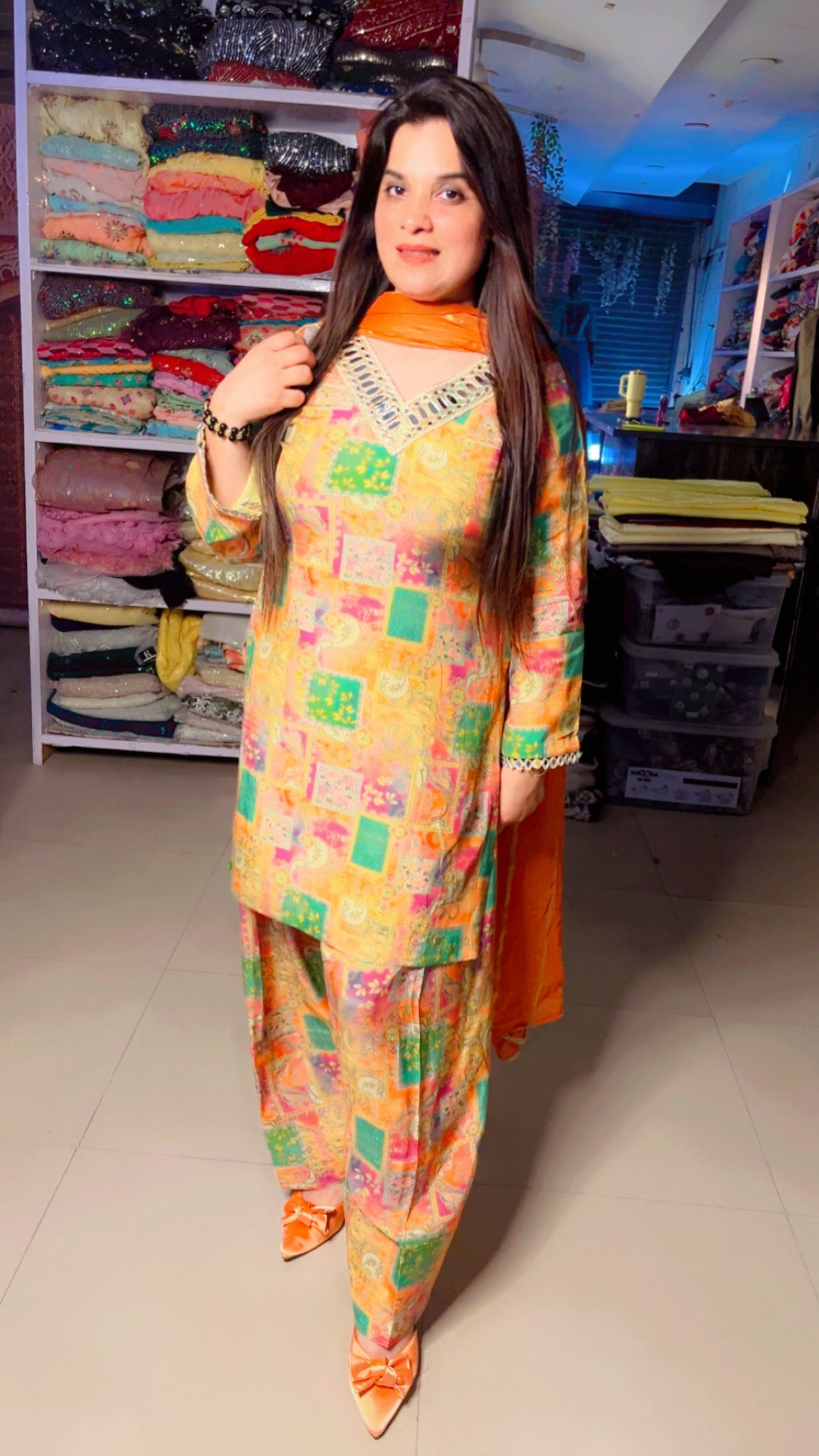 Yellow Muslin Designer Mirror Lace Work Farshi Salwar Suit With Chiffon Dupatta (FS)