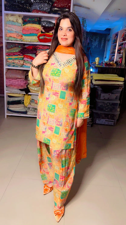 Yellow Muslin Designer Mirror Lace Work Farshi Salwar Suit With Chiffon Dupatta (FS)