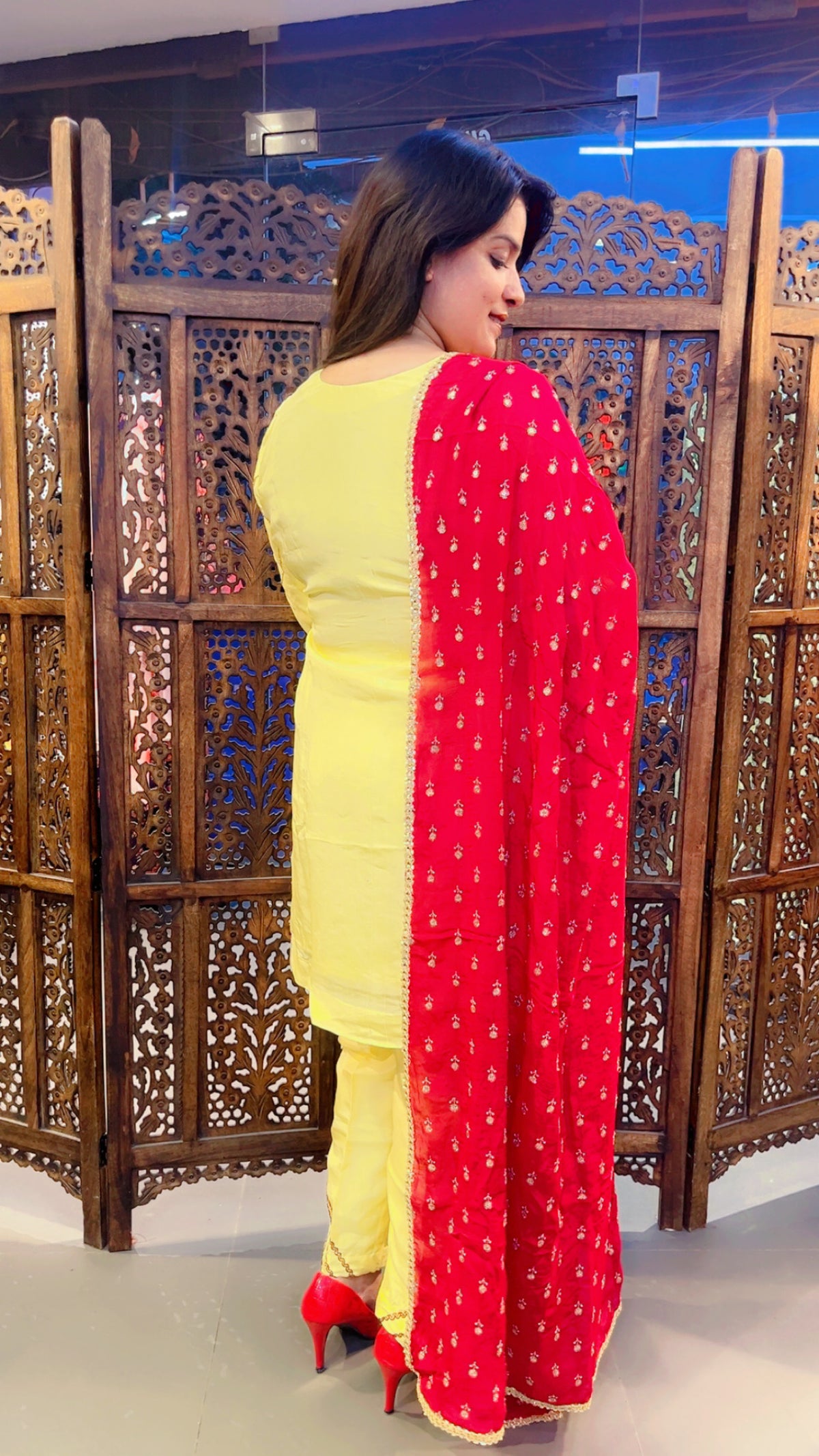 Yellow Silk Pant Suit With Chinon Dupatta For Haldi Function