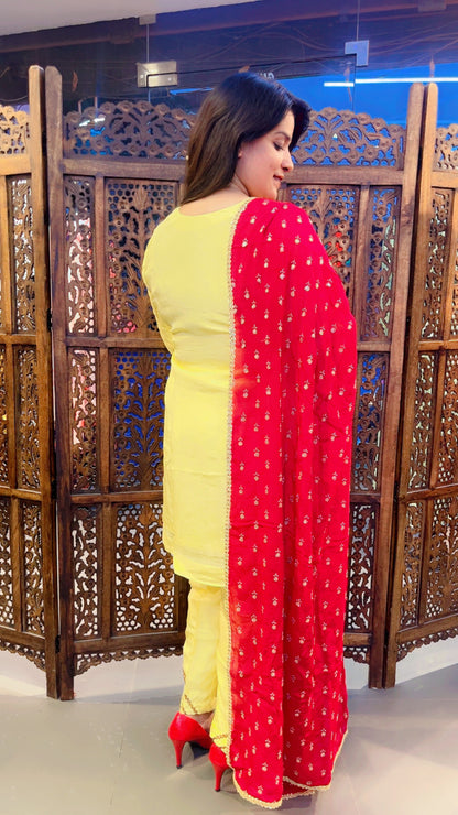 Yellow Silk Pant Suit With Chinon Dupatta For Haldi Function