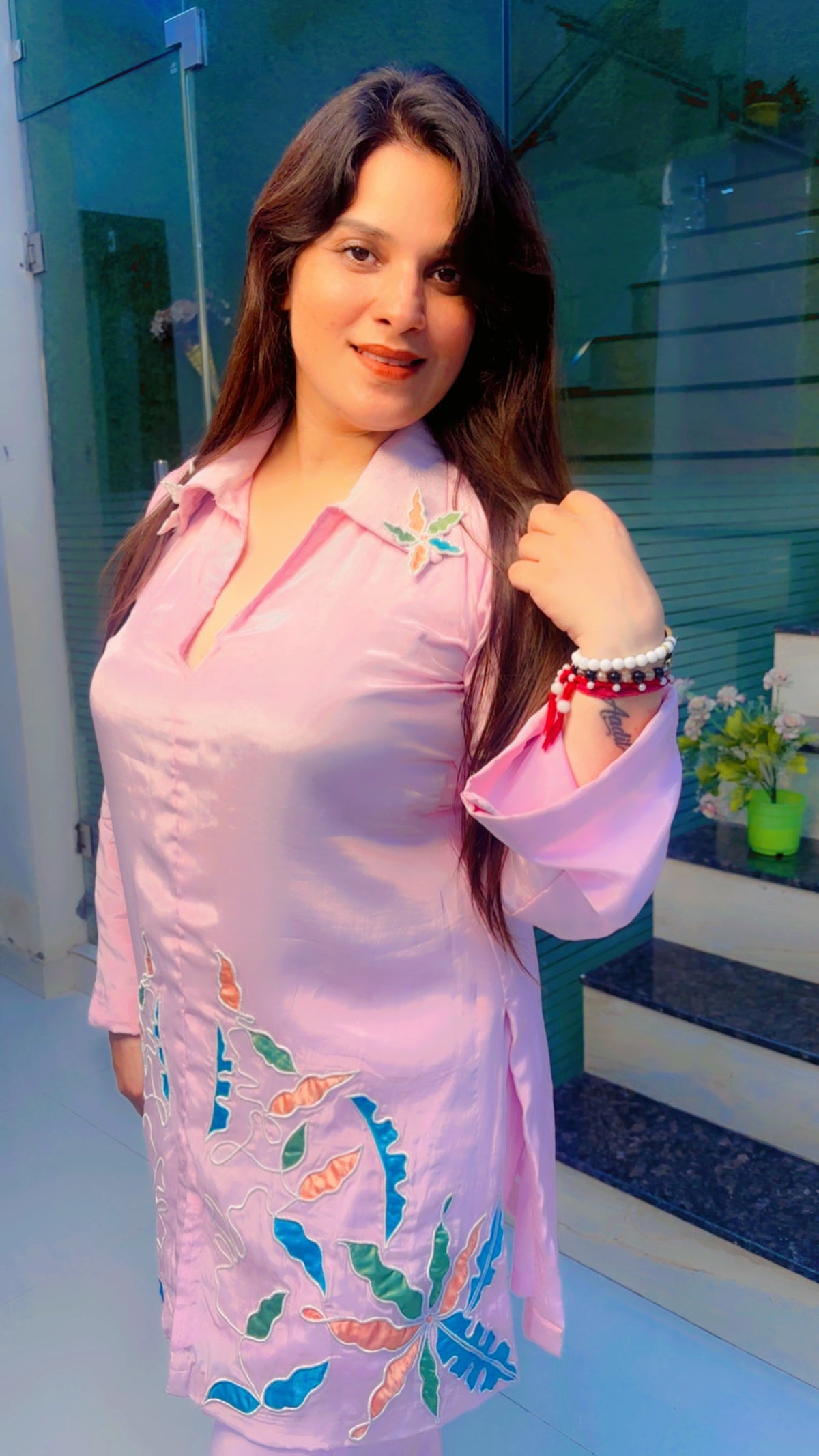 Pink Patch Work Co-Ord Set in Crepe