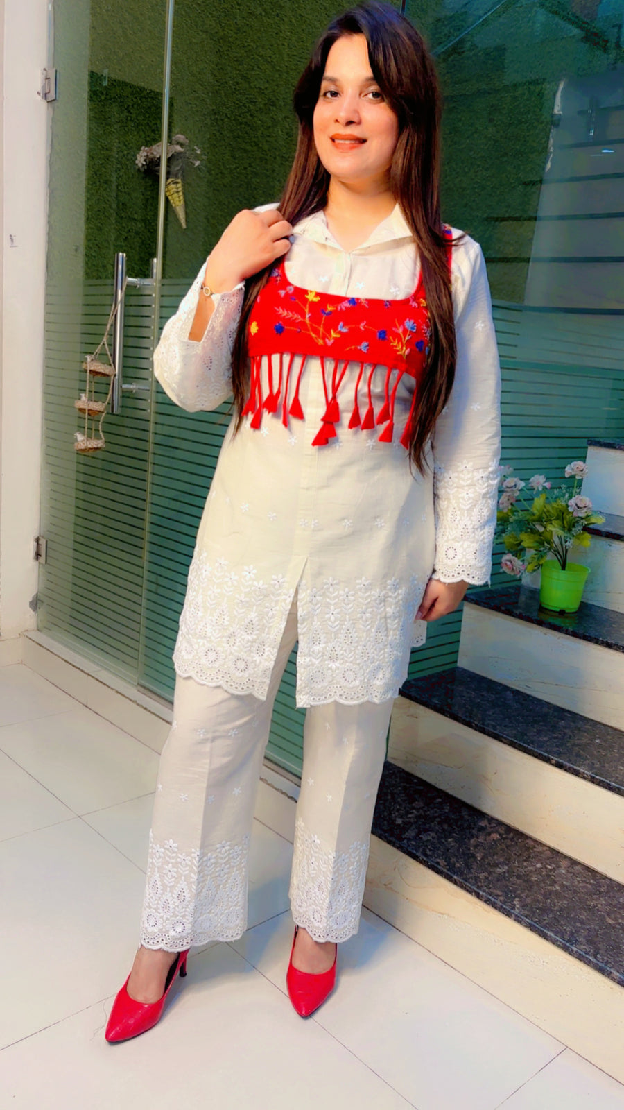 Hand Worked Red Jacket With White Schiffli Co-Ord Set