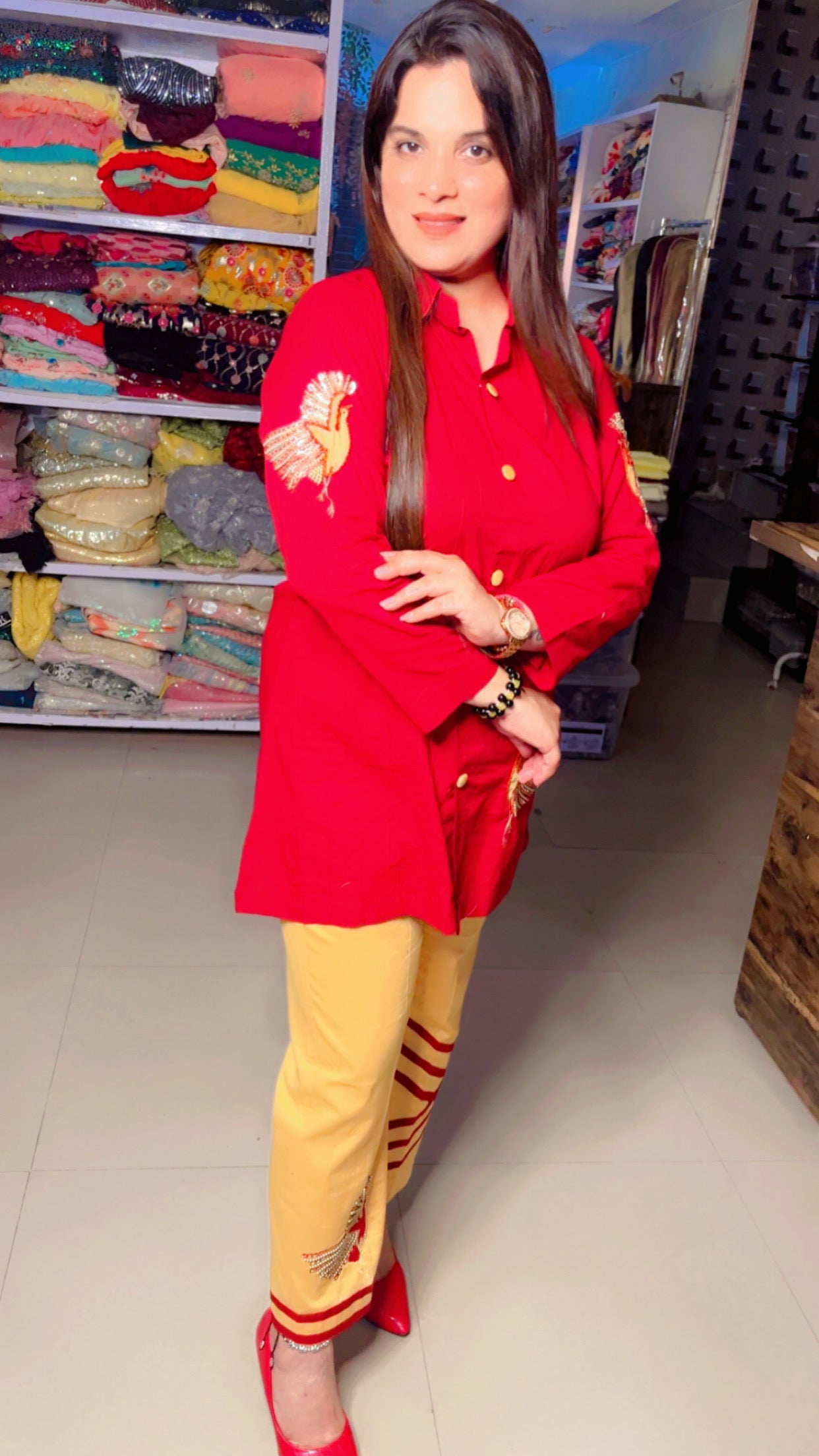 Red Yellow Cotton Embroidered Summer Co-Ord Set For Women (CS)