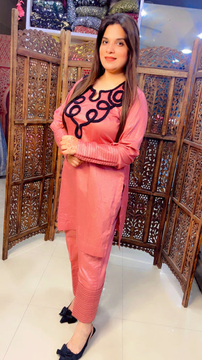 Rose Pink Cotton Fabric Embroidered Casual Wear Co-Ord Set (CS003)