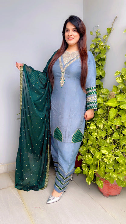 Grey Designer Farshi Salwar Suit And Dupatta
