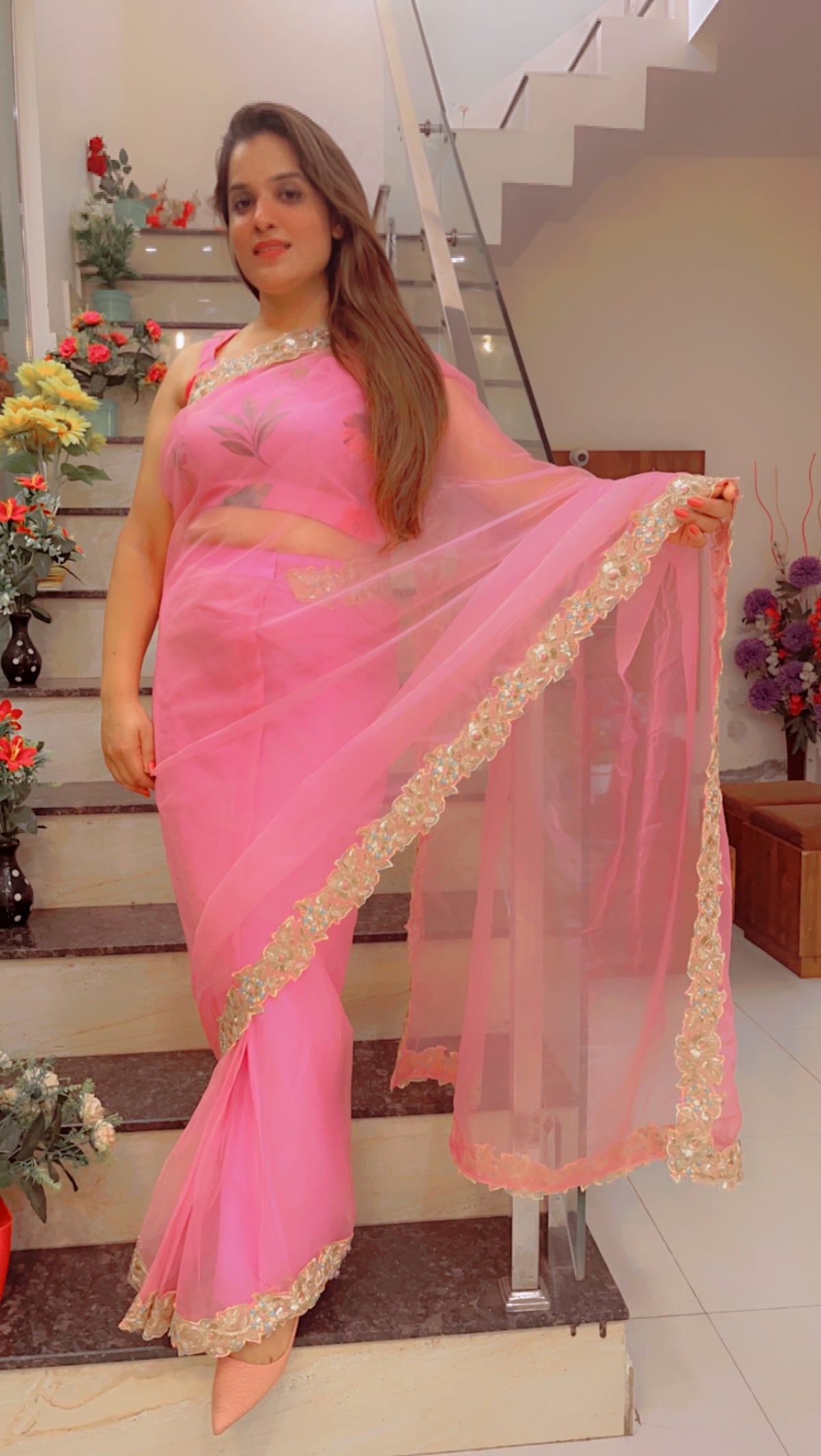 Light Pink Laceworked Saree For Summers (SR022)