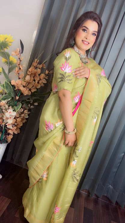 Parrot Hand Painted Saree - Shimmer Silk Saree (SR002)