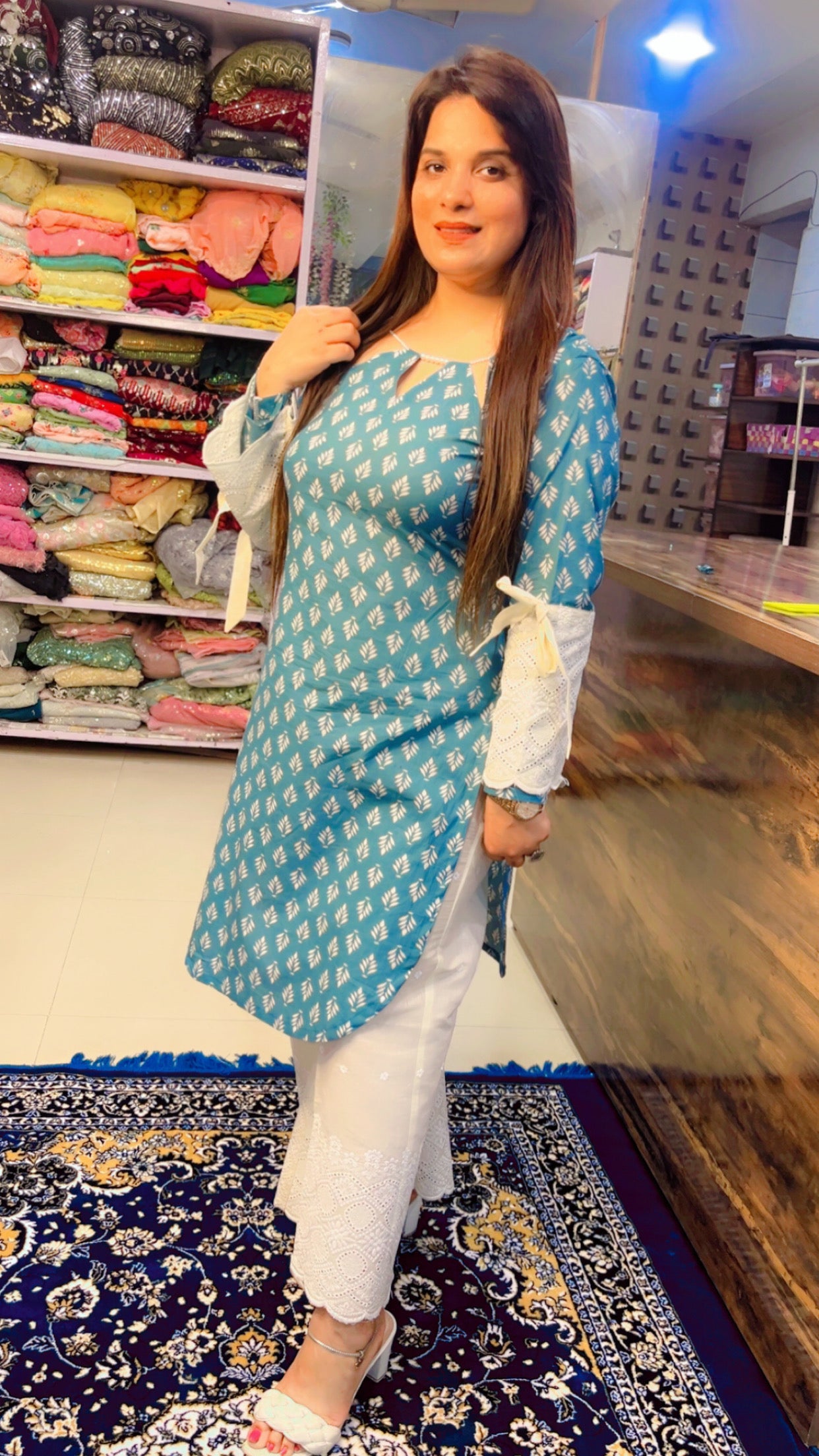 Blue And Off-White Cotton Printed Designer Kurti And Pant Set (KS003)