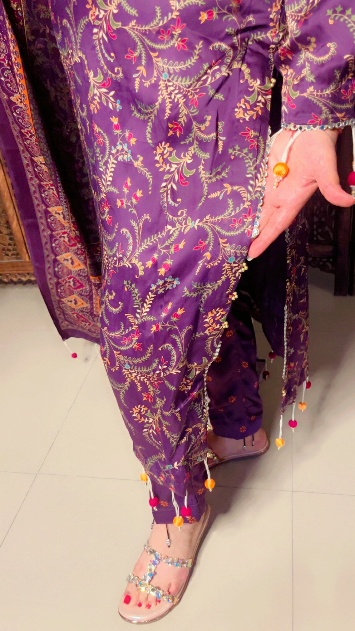 Purple Pure Satin Designer Lace Work And Tassel Detail Suit And Pant With Dupatta (PS)