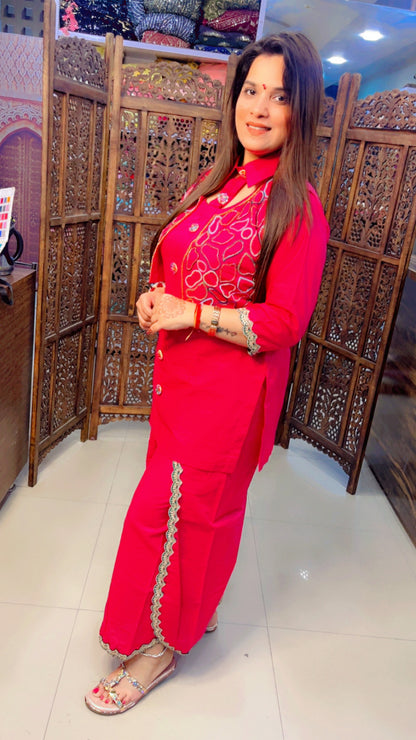 Hot Pink Linen Fabric Solid Print Festive Look Short Kurti And Over Lapped Palazzo With Embroidered Jacket (JS001)