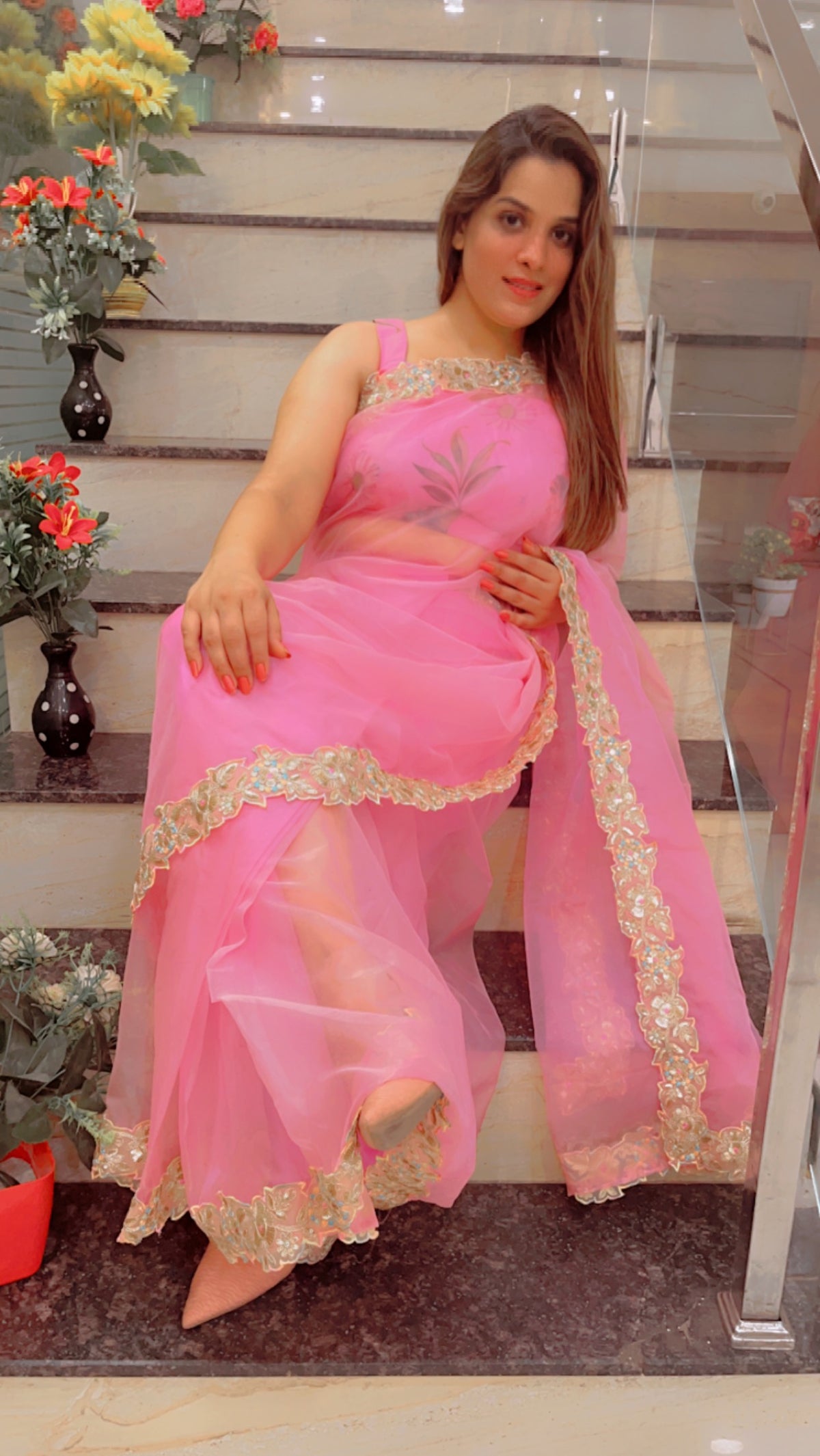 Light Pink Laceworked Saree For Summers (SR022)