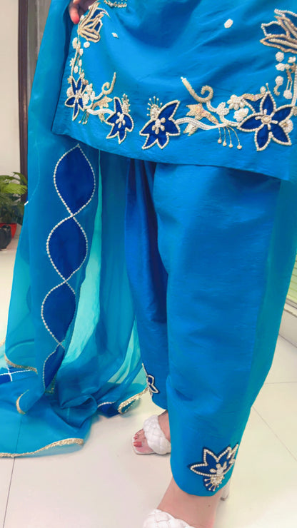 Blue Embroidered Farshi Salwar Suit And Dupatta Set (KSD046)