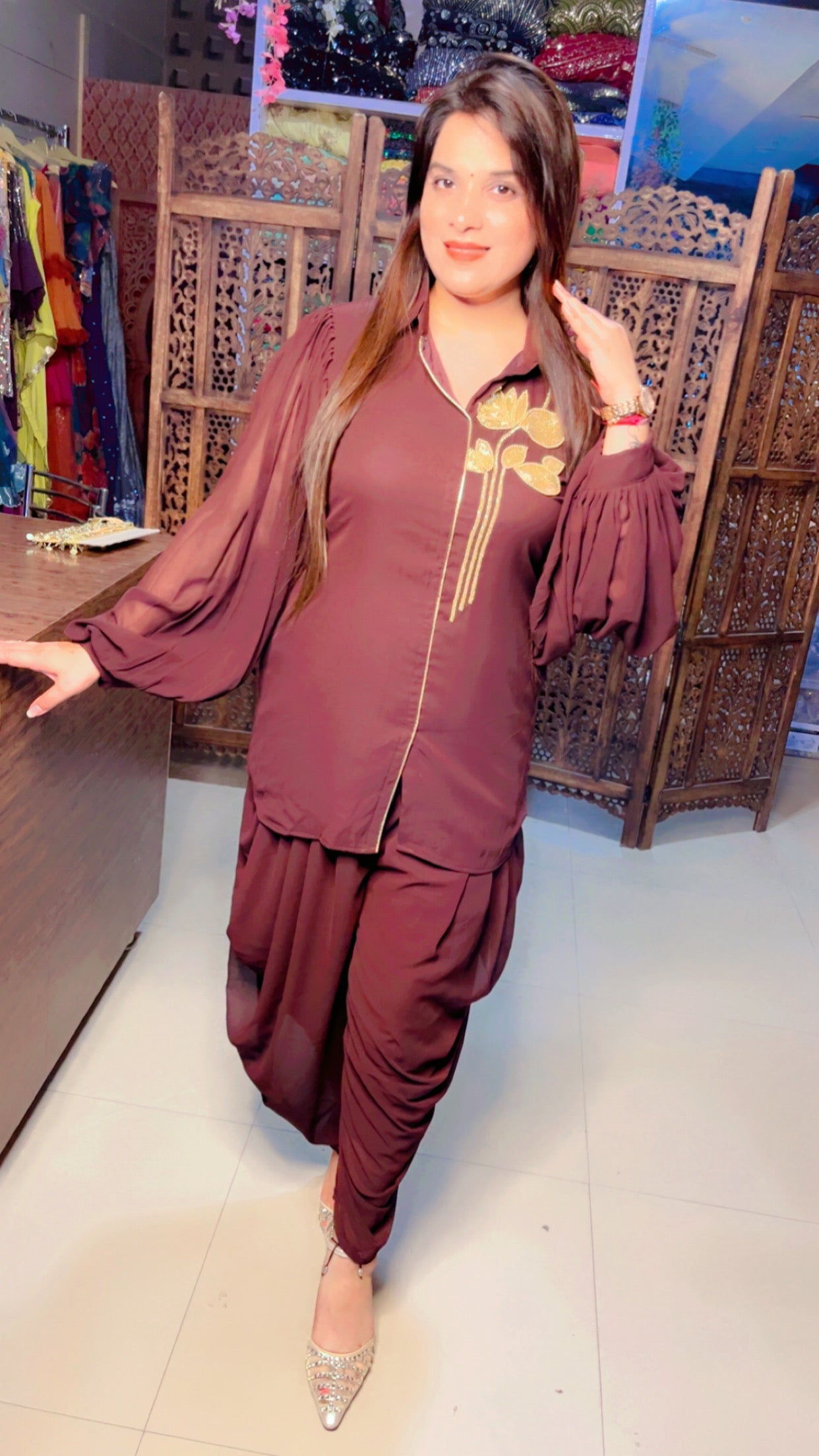 Brown Georgette Designer Hand Embroidered Short Kurta And Dhoti Salwar Set (DS)