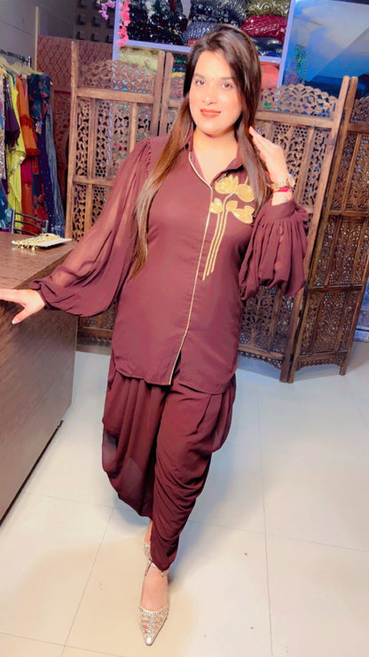 Brown Georgette Designer Hand Embroidered Short Kurta And Dhoti Salwar Set (DS)