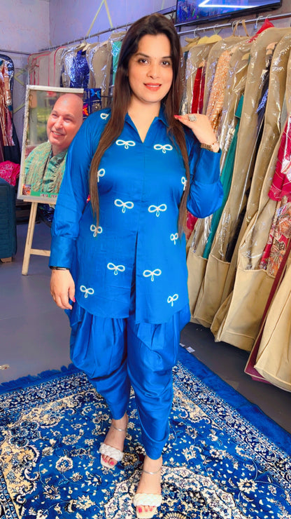 Blue Jam Cotton Trendy Bow Design Pearl Work Short Kurti And Dhoti Set (DS002)
