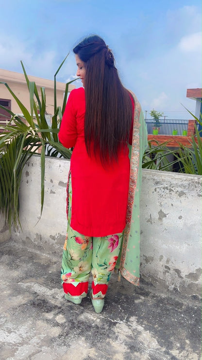 Red and Green Crepe Designer Farshi Salwar Suit