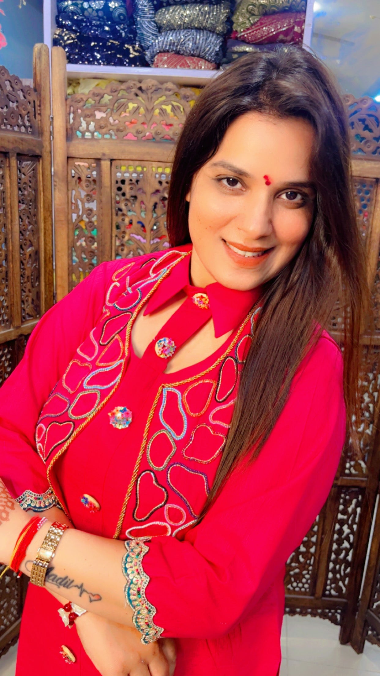 Hot Pink Linen Fabric Solid Print Festive Look Short Kurti And Over Lapped Palazzo With Embroidered Jacket (JS001)
