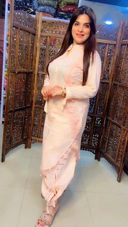 Peach Colour Cotton Fabric Hand And Pearl Work Detail Kurti Salwar Set (KS002)