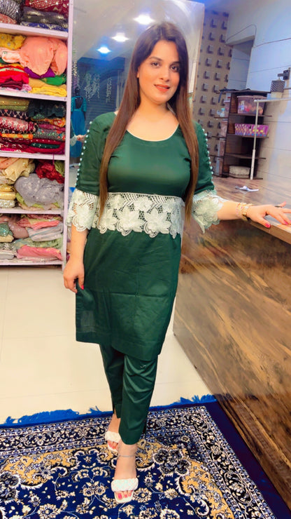 Green Cotton Kurti and Pant Set for Summer