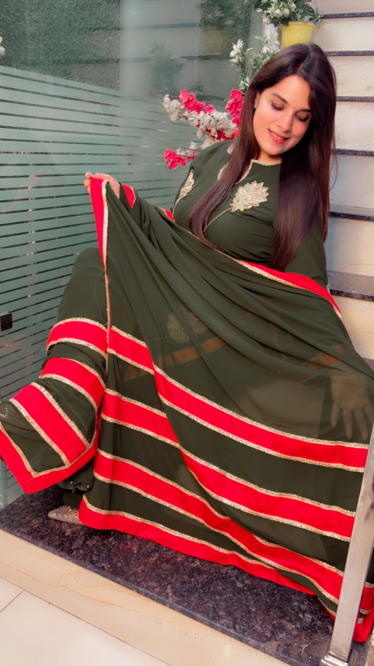 Georgette Cut Work Palazzo Suit With Red Stripes Dupatta (PS)