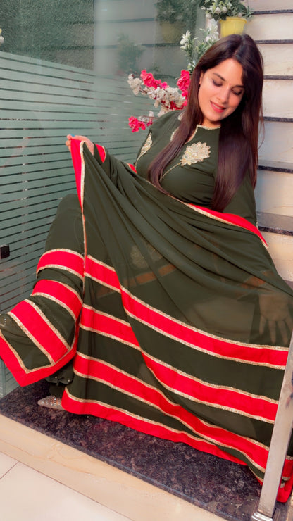 Georgette Cut Work Palazzo Suit With Red Stripes Dupatta (PS)