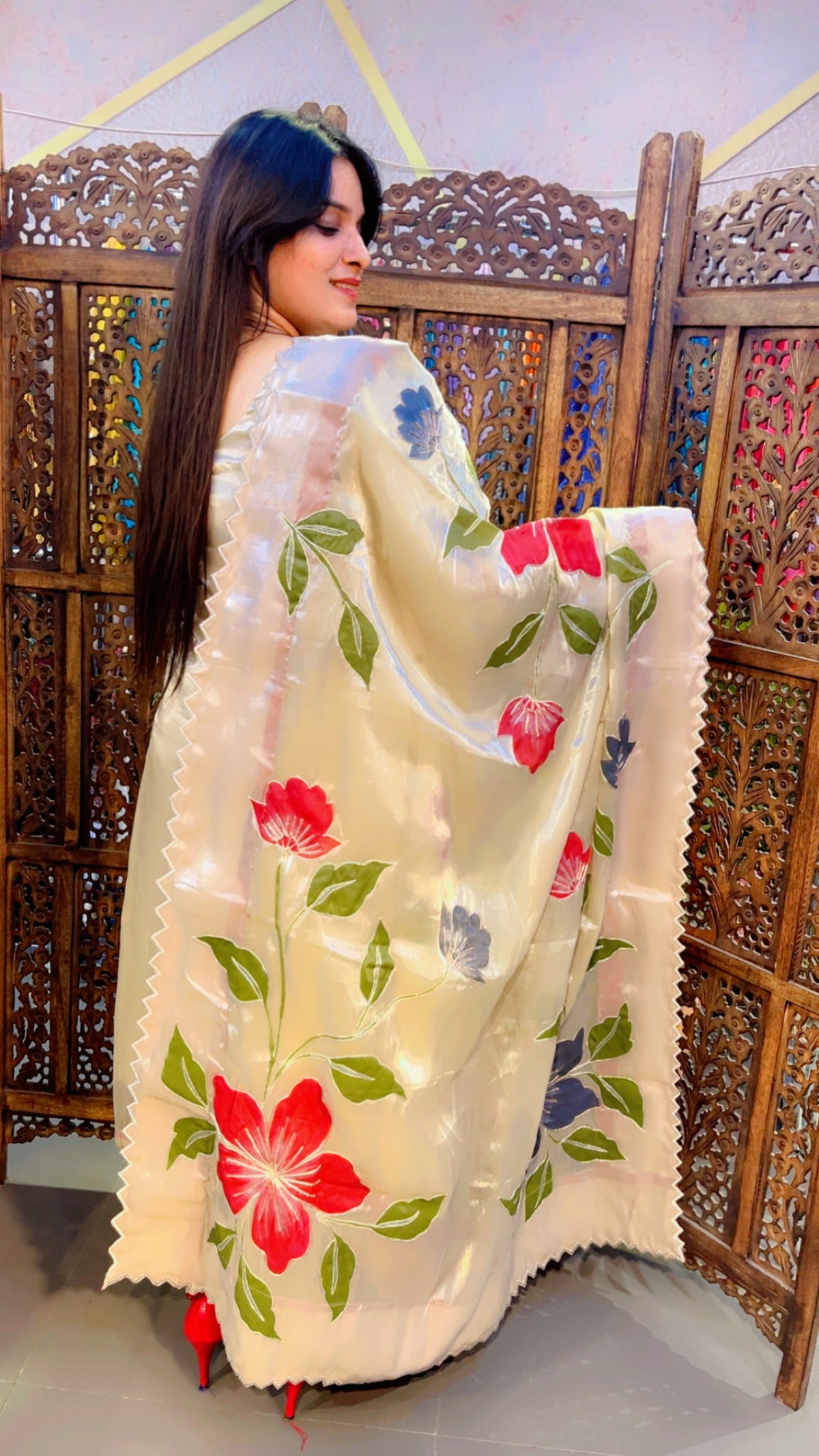 Hand Painted Tissue Silk Pakistani Suit Set In Ivory
