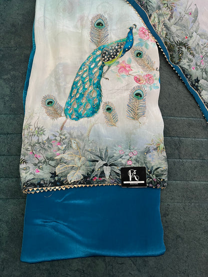 Peacock Print Unstitched Suit Material with Dupatta