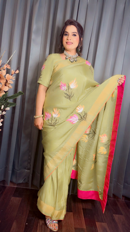 Parrot Hand Painted Saree - Shimmer Silk Saree (SR002)