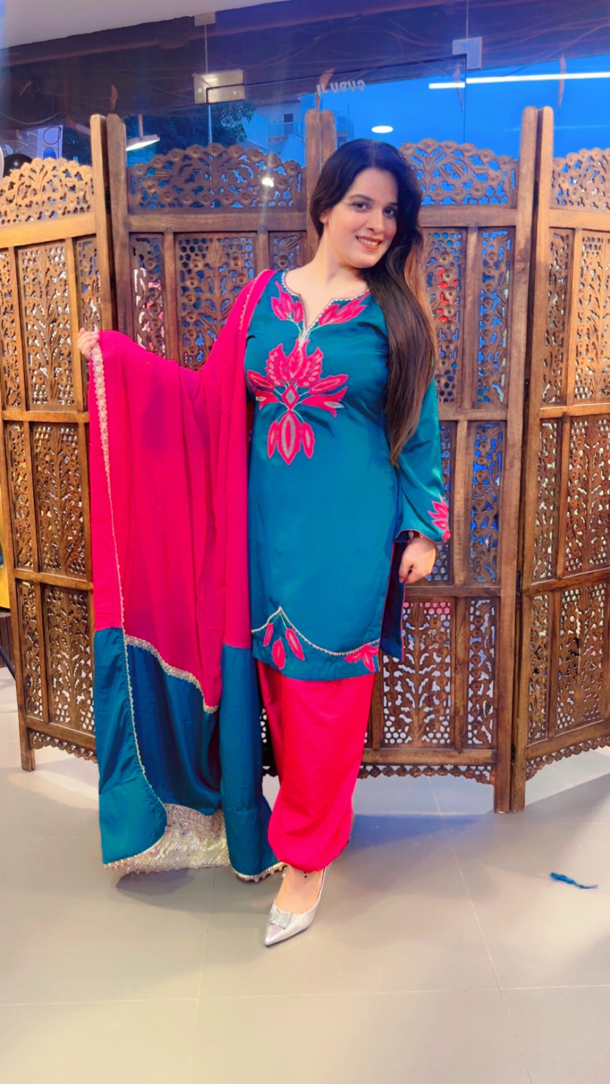 Green Machine Worked Farshi Salwar Suit And Dupatta
