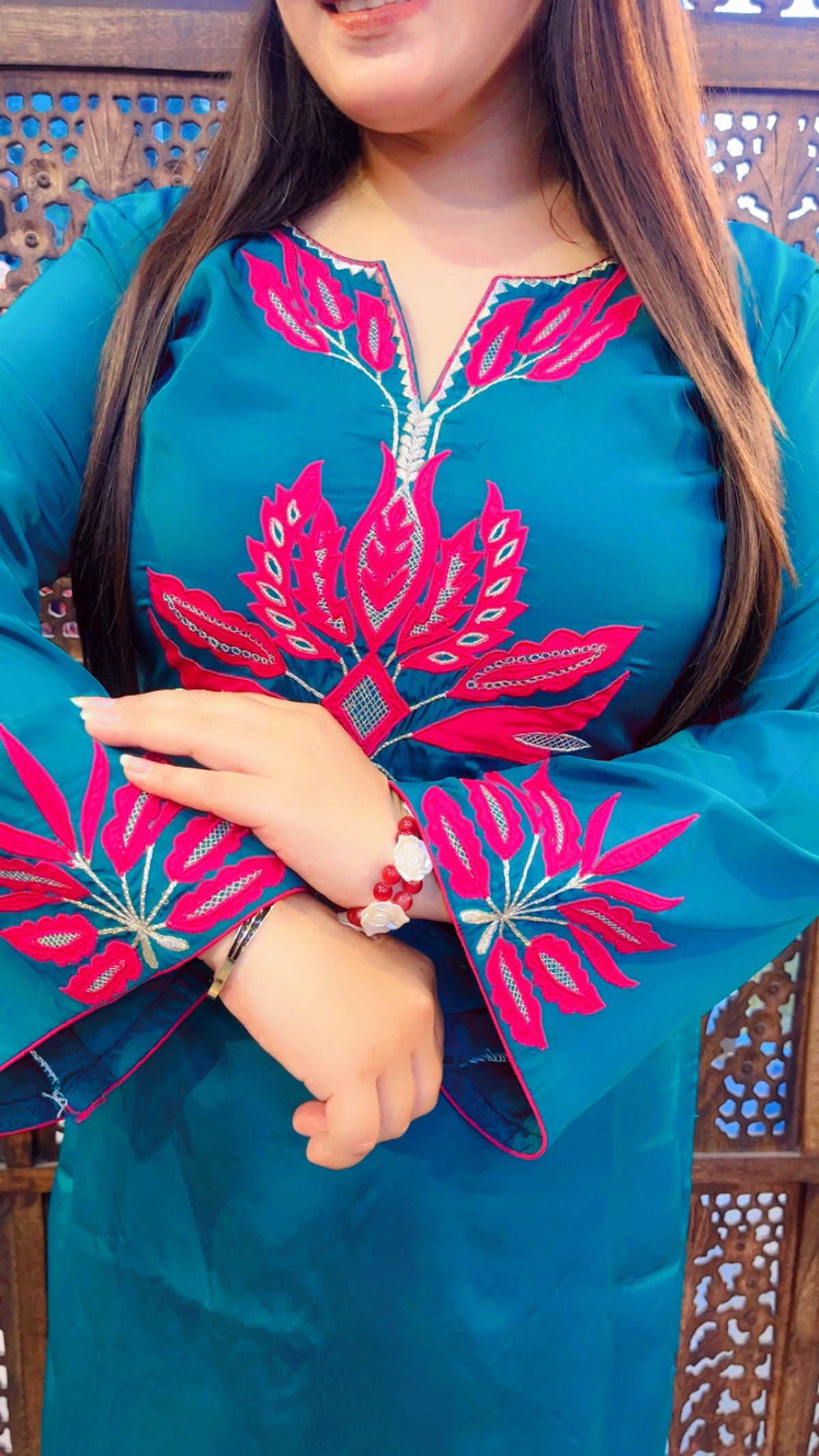 Green Machine Worked Farshi Salwar Suit And Dupatta