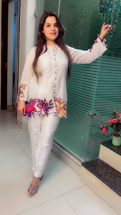 Off-White Chanderi Silk Patch Worked Co-Ord Set (CS004)